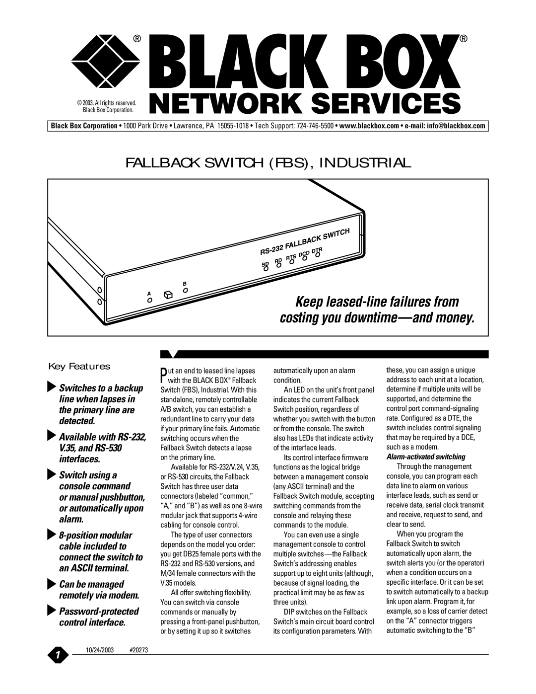 Black Box V.35 manual Key Features, Can be managed remotely via modem, Alarm-activated switching, 10/24/2003 #20273 