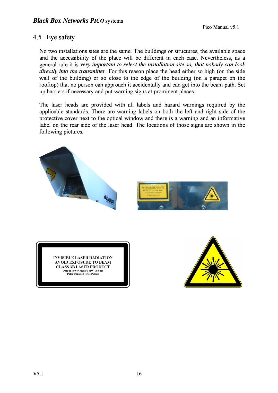 Black Box V5.1 user manual Eye safety, Black Box Networks PICO systems, Pico Manual 