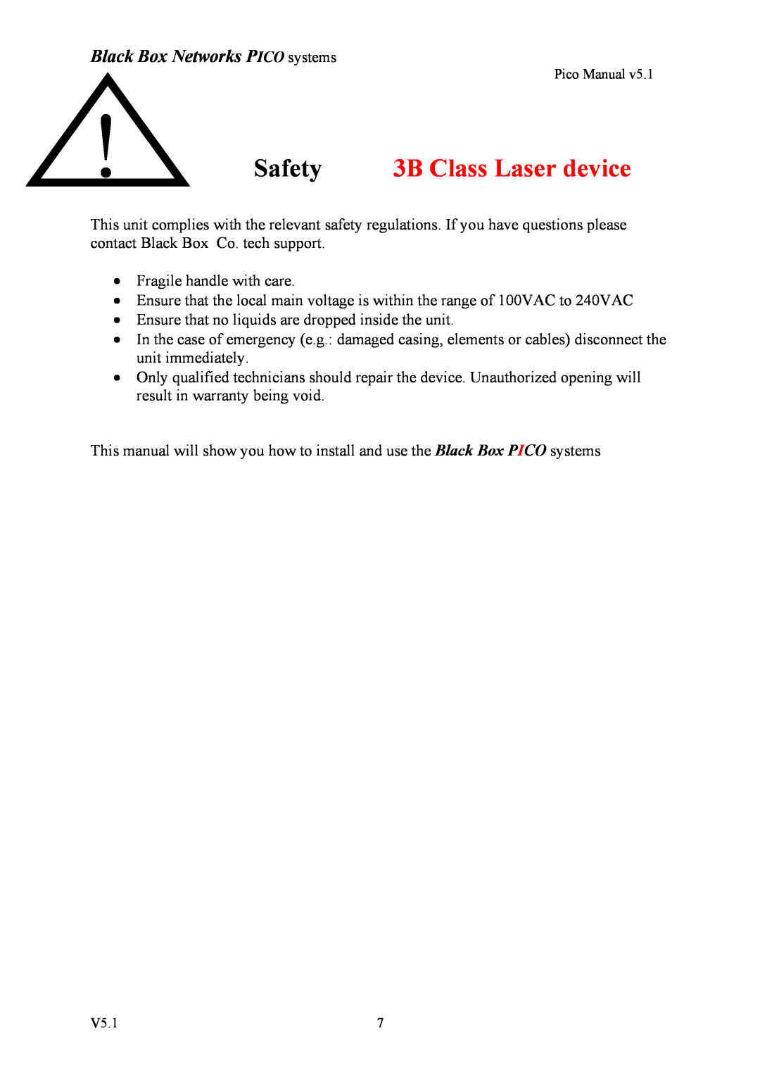 Black Box V5.1 user manual Safety, 3B Class Laser device, Black Box Networks PICO systems 