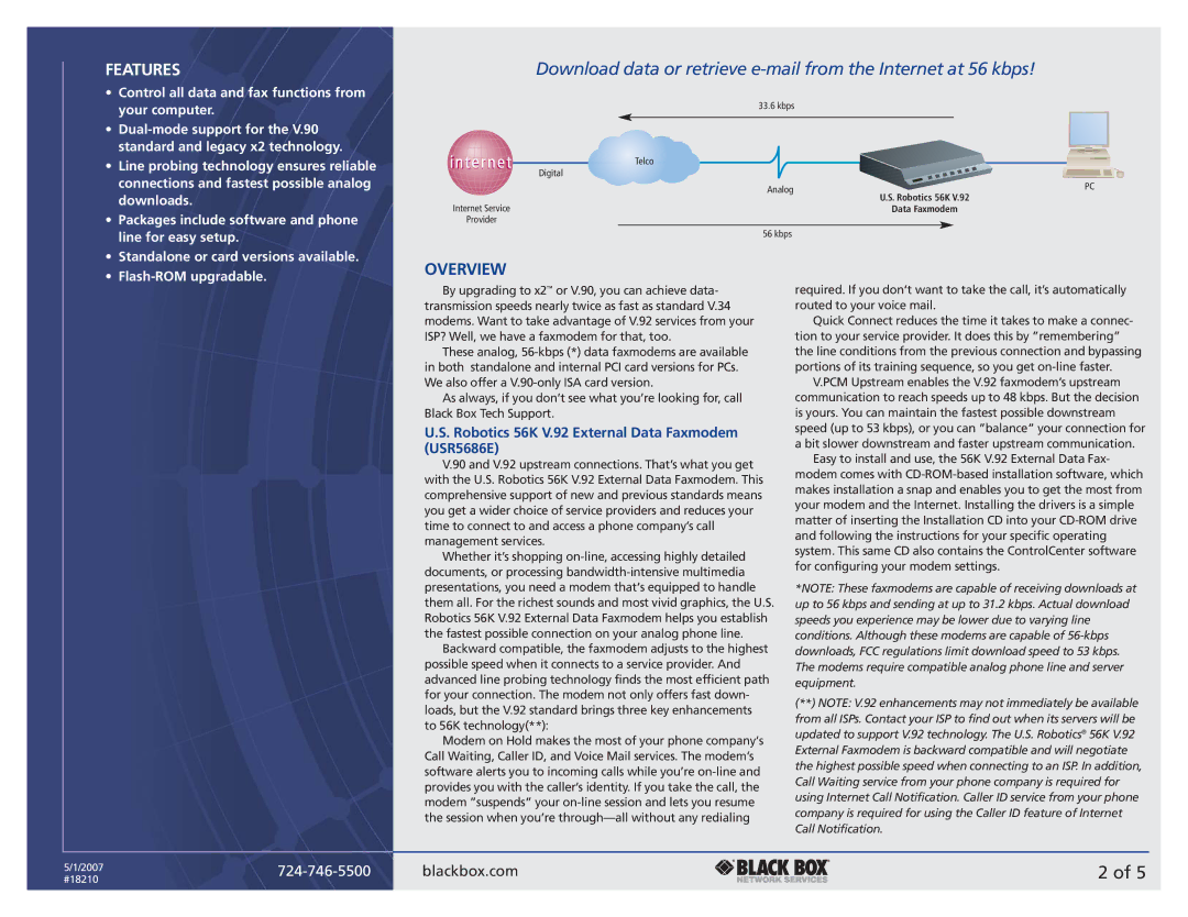 Black Box V.90 manual Overview, Robotics 56K V.92 External Data Faxmodem USR5686E 