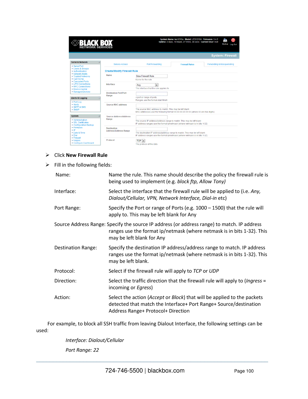 Black Box LES1216A-R2, LES1332A, LES1408A  Click New Firewall Rule, Dialout/Cellular, VPN, Network Interface, Dial-in etc 