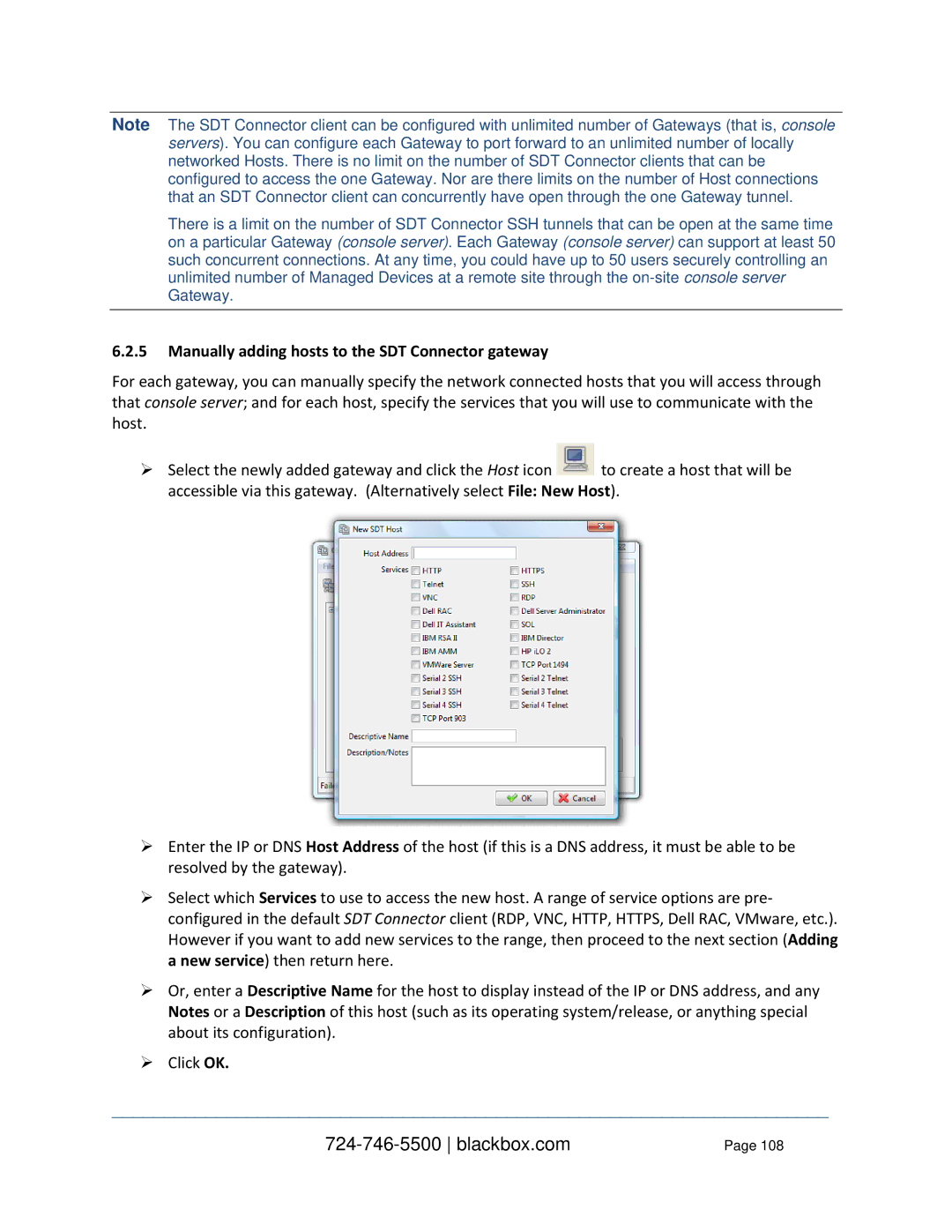 Black Box LES1316A, LES1332A, LES1408A, LES144BA, LES1416A, LES1348A Manually adding hosts to the SDT Connector gateway 