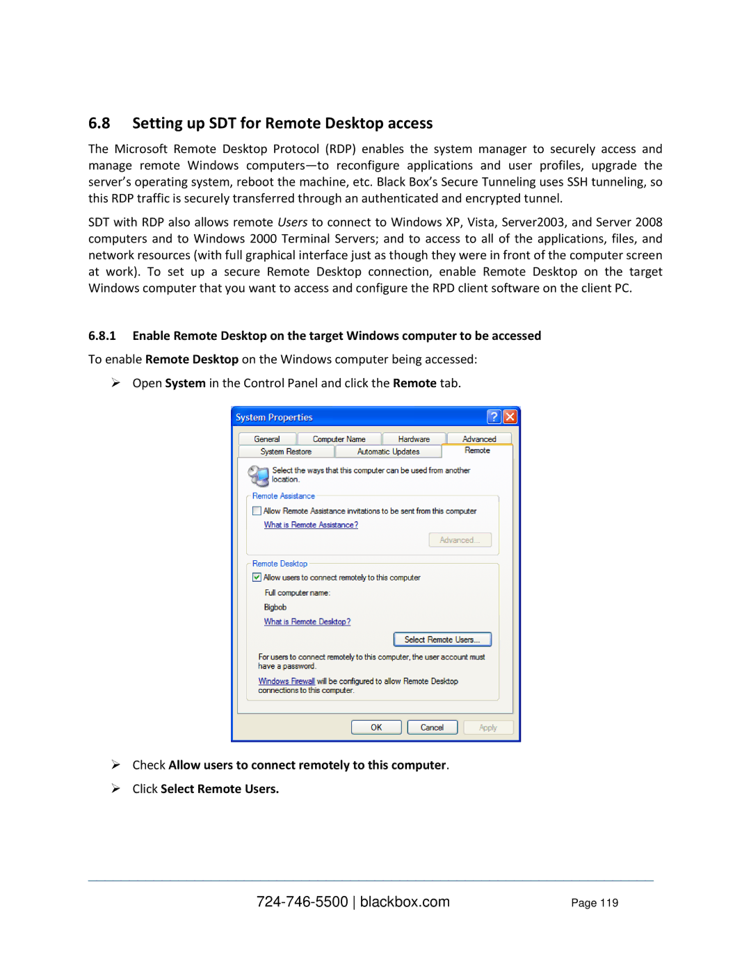 Black Box LES1332A, LES1408A, LES144BA, LES1416A, LES1348A, LES1432A, LES1316A Setting up SDT for Remote Desktop access 