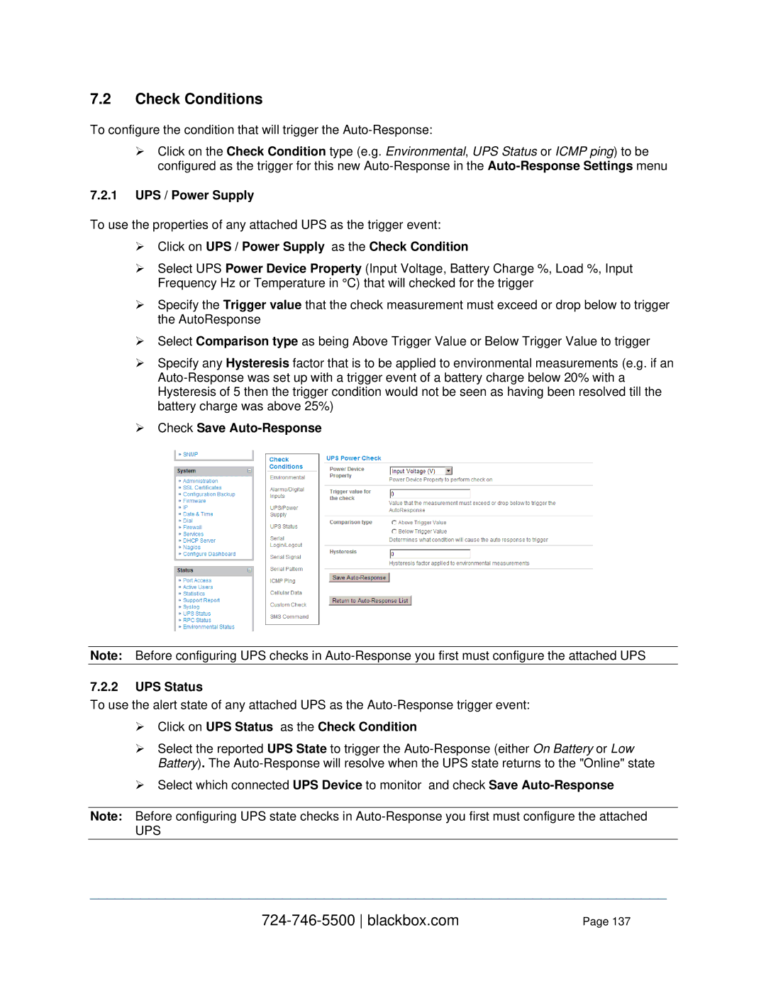 Black Box LES1408A  Click on UPS / Power Supply as the Check Condition,  Check Save Auto-Response UPS Status 