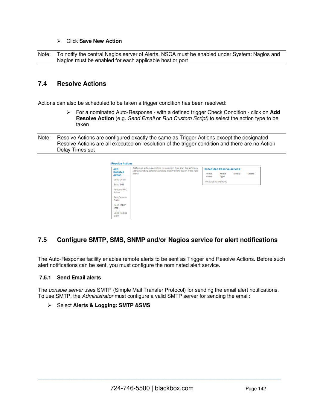 Black Box LES1316A, LES1332A, LES1408A  Click Save New Action, Send Email alerts,  Select Alerts & Logging Smtp &SMS 