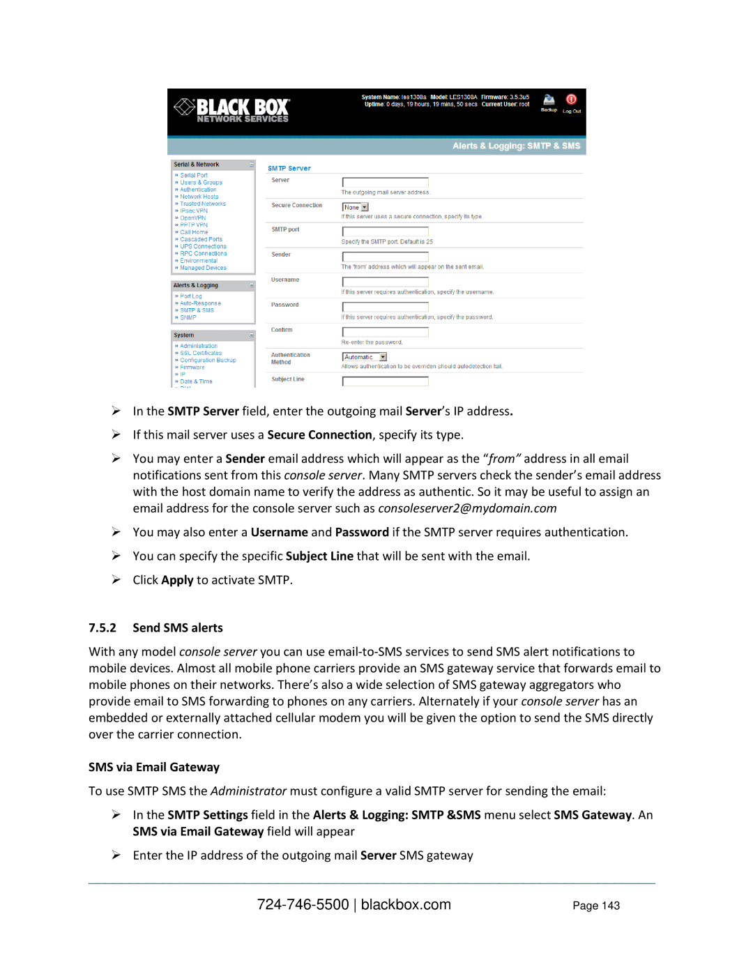 Black Box LES1308A, LES1332A, LES1408A, LES144BA, LES1416A, LES1348A, LES1432A, LES1316A Send SMS alerts, SMS via Email Gateway 