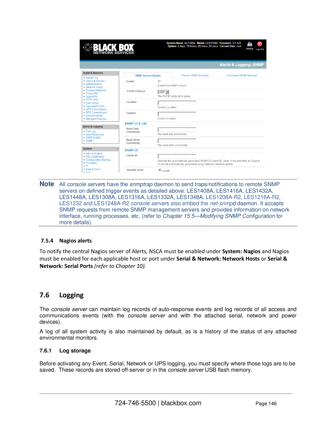 Black Box LES110BA, LES1332A, LES1408A, LES144BA Logging, Nagios alerts, Network Serial Ports refer to Chapter, Log storage 