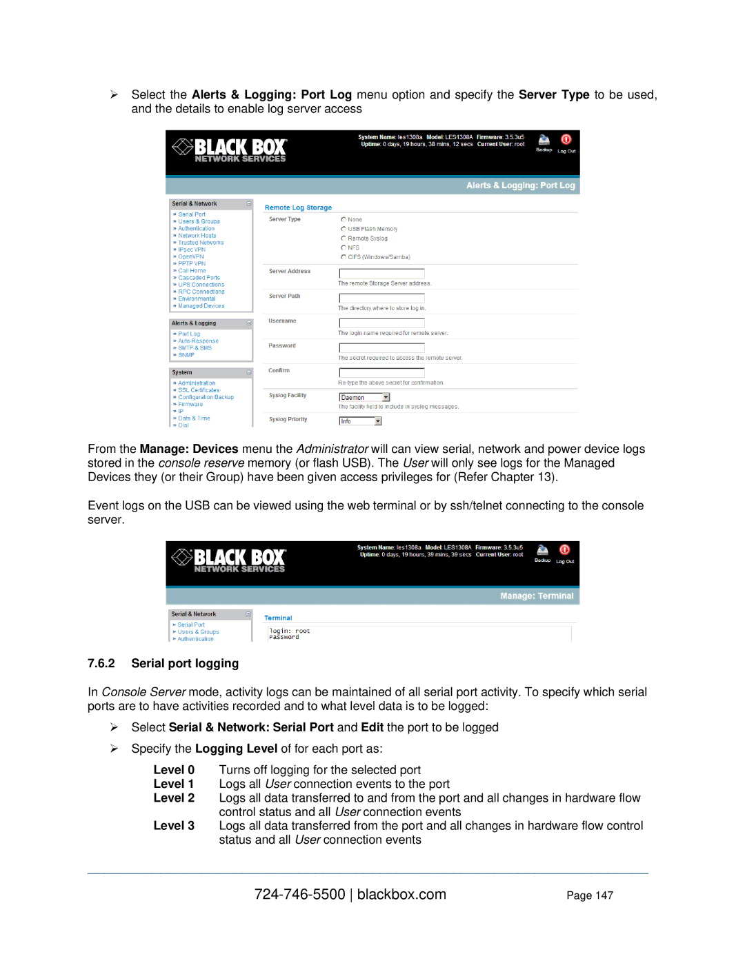 Black Box LES114BA, LES1332A, LES1408A, LES144BA, LES1416A, LES1348A, LES1432A, LES1316A, LES1308A, LES1232A Serial port logging 