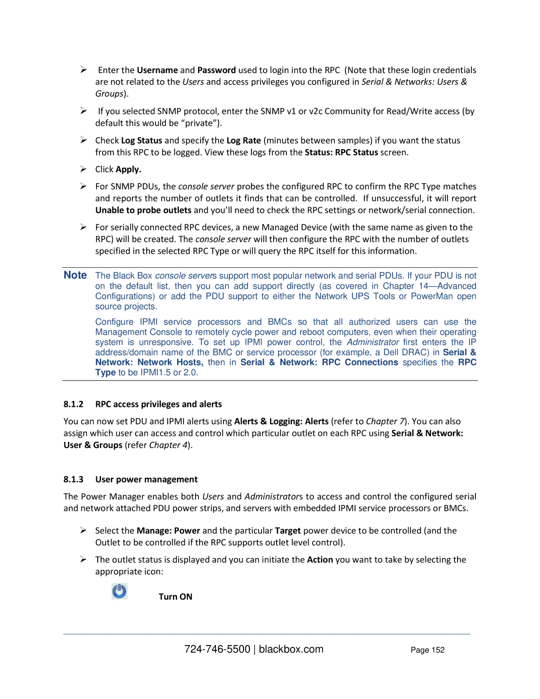 Black Box Value-Line and Advanced Console Servers RPC access privileges and alerts, User power management, Turn on 