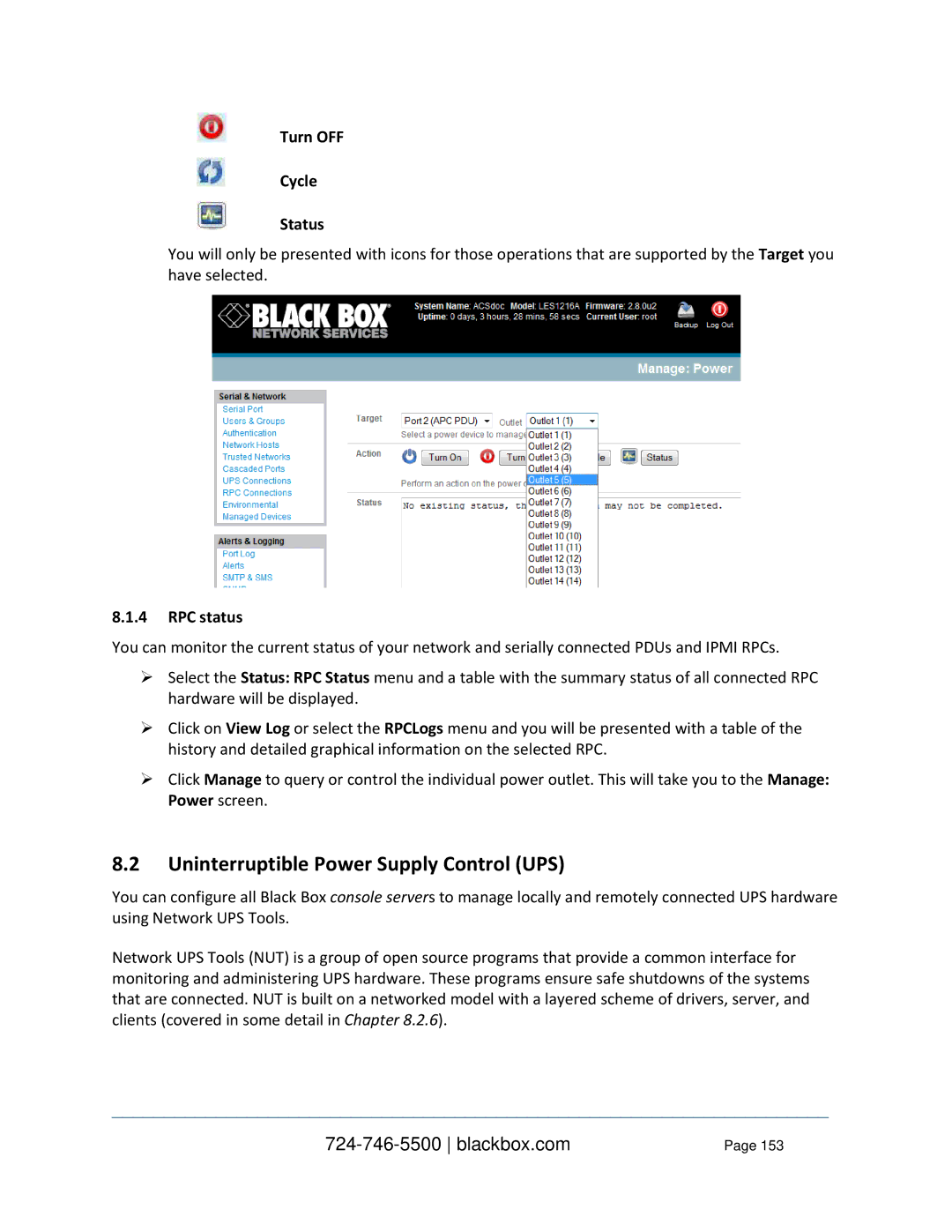 Black Box LES1332A, LES1408A, LES144BA, LES1416A Uninterruptible Power Supply Control UPS, Turn OFF Cycle Status, RPC status 