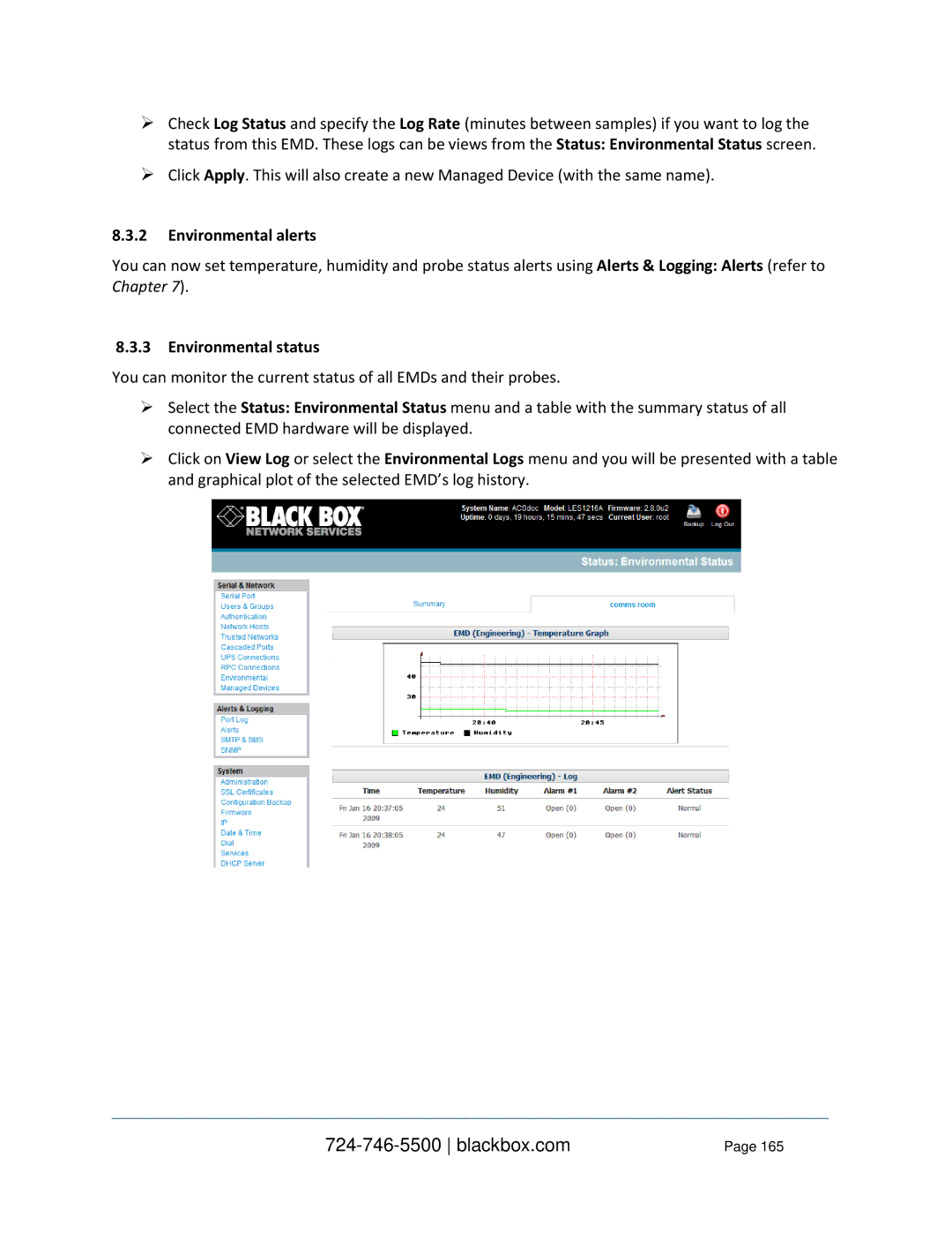 Black Box LES1248A-R2, LES1332A, LES1408A, LES144BA, LES1416A, LES1348A, LES1432A Environmental alerts, Environmental status 