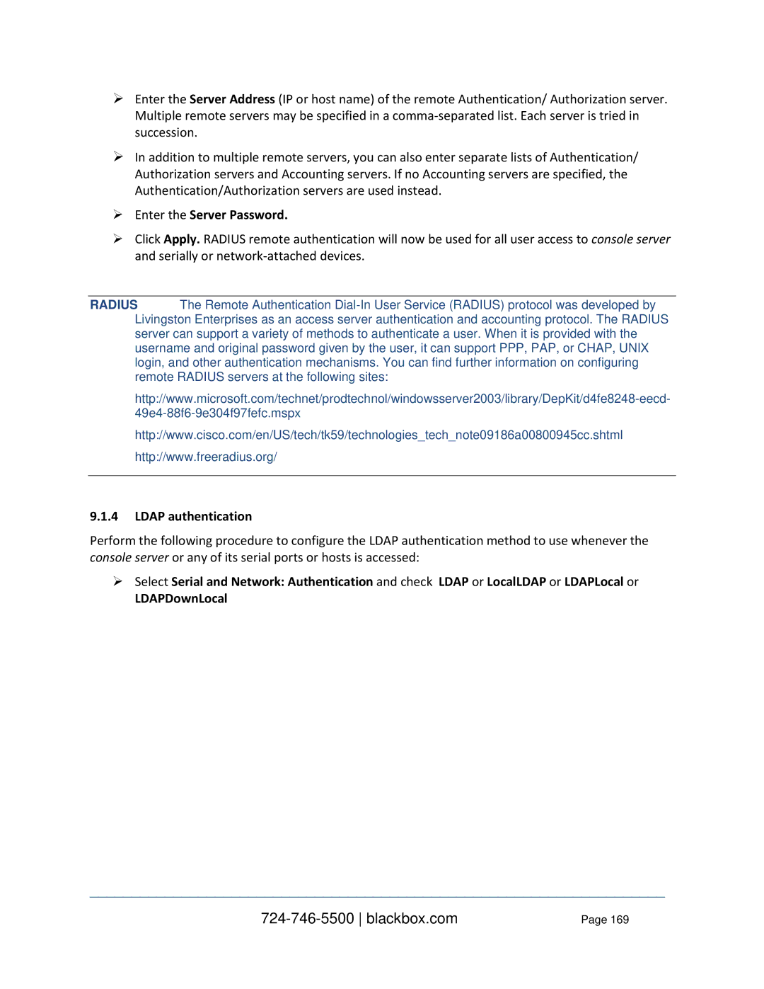 Black Box Value-Line and Advanced Console Servers, LES1332A, LES1408A  Enter the Server Password, Ldap authentication 