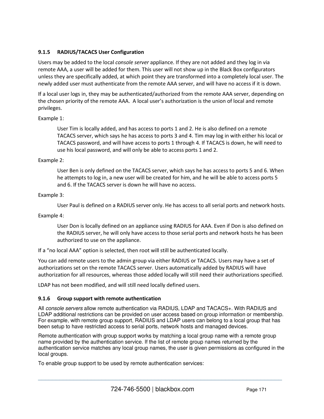 Black Box LES1408A, LES1332A, LES144BA, LES1416A RADIUS/TACACS User Configuration, Group support with remote authentication 