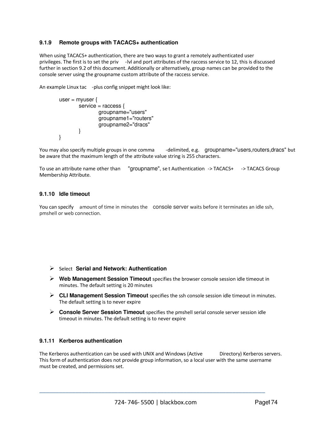 Black Box LES1348A Remote groups with TACACS+ authentication, Idle timeout,  Select Serial and Network Authentication 