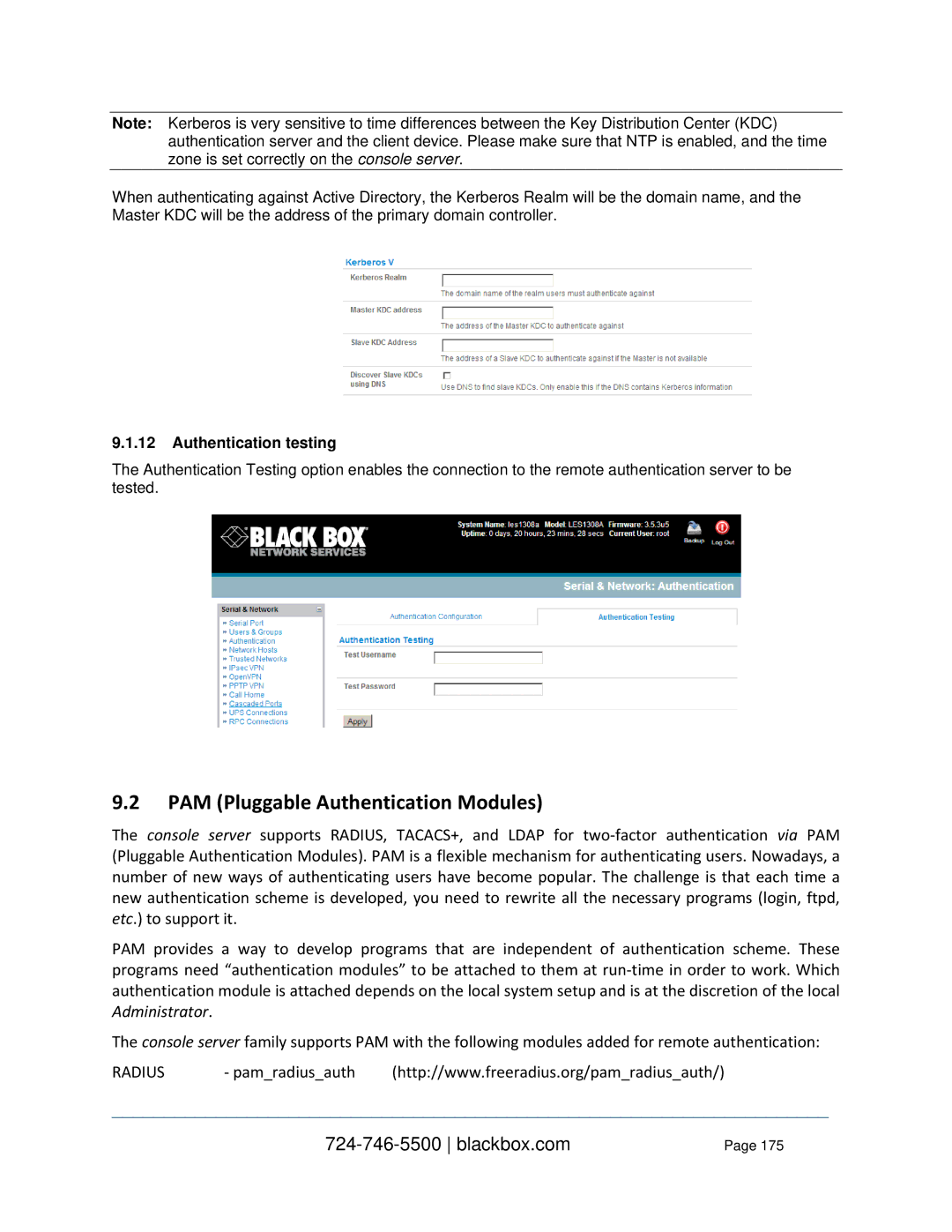 Black Box LES1432A, LES1332A, LES1408A, LES144BA, LES1416A PAM Pluggable Authentication Modules, Authentication testing 