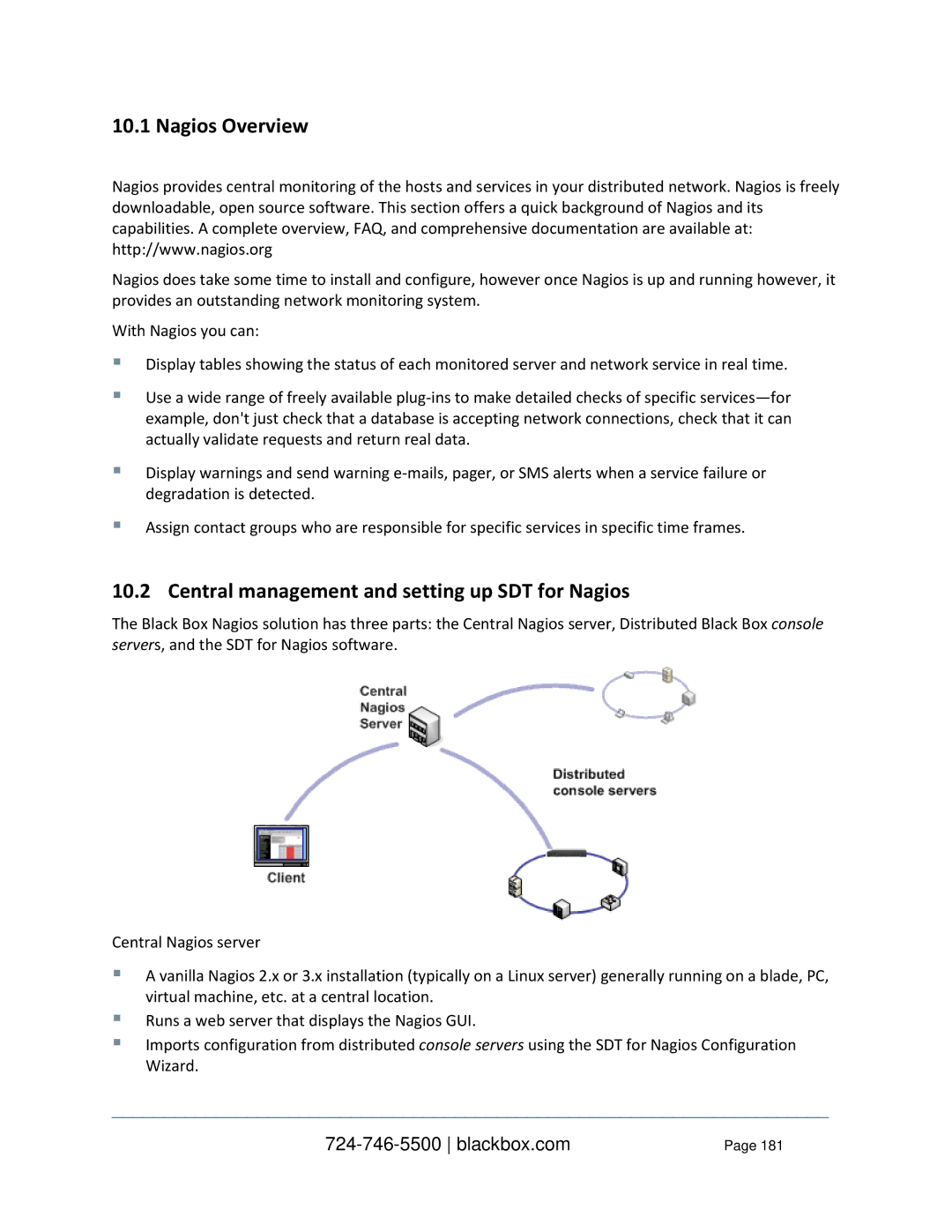 Black Box LES114BA, LES1332A, LES1408A, LES144BA, LES1416A Nagios Overview, Central management and setting up SDT for Nagios 