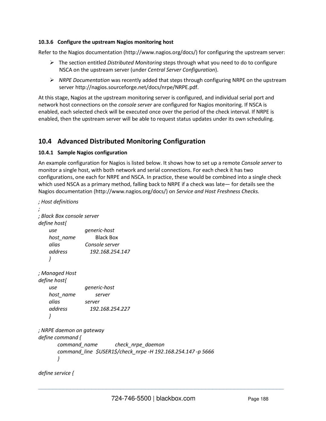 Black Box LES1408A, LES1332A Advanced Distributed Monitoring Configuration, Configure the upstream Nagios monitoring host 