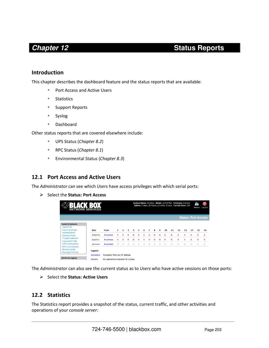 Black Box Value-Line and Advanced Console Servers Chapter Status Reports, Port Access and Active Users, Statistics 