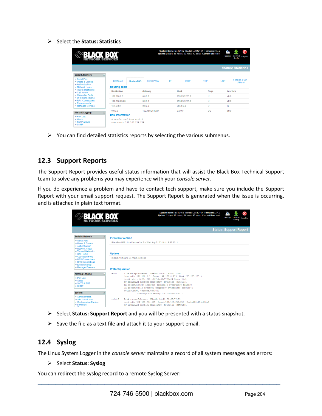 Black Box LES1332A, LES1408A, LES144BA, LES1416A Support Reports,  Select the Status Statistics,  Select Status Syslog 