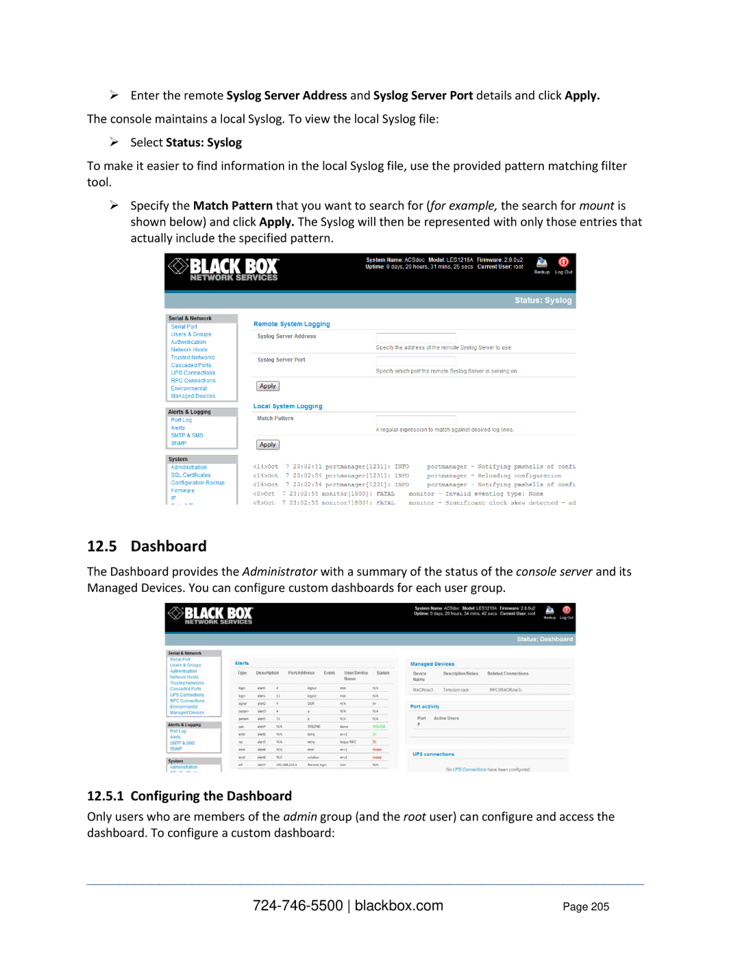 Black Box LES1408A, LES1332A, LES144BA, LES1416A, LES1348A, LES1432A, LES1316A, LES1308A, LES1232A Configuring the Dashboard 