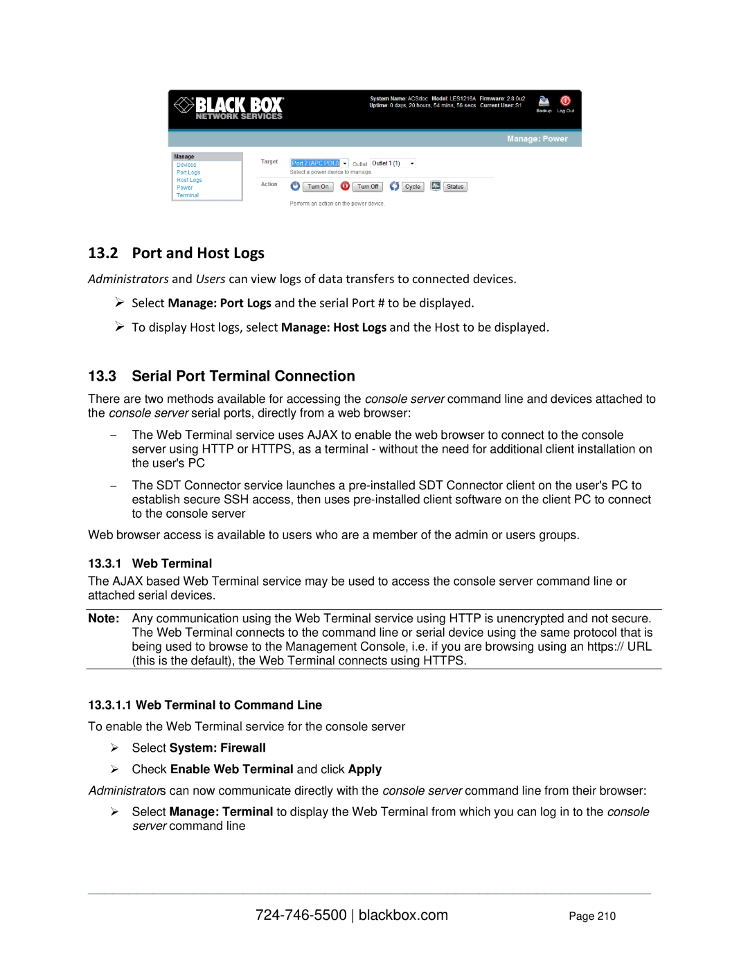 Black Box LES1316A, LES1332A, LES1408A, LES144BA, LES1416A, LES1348A Port and Host Logs, Web Terminal to Command Line 