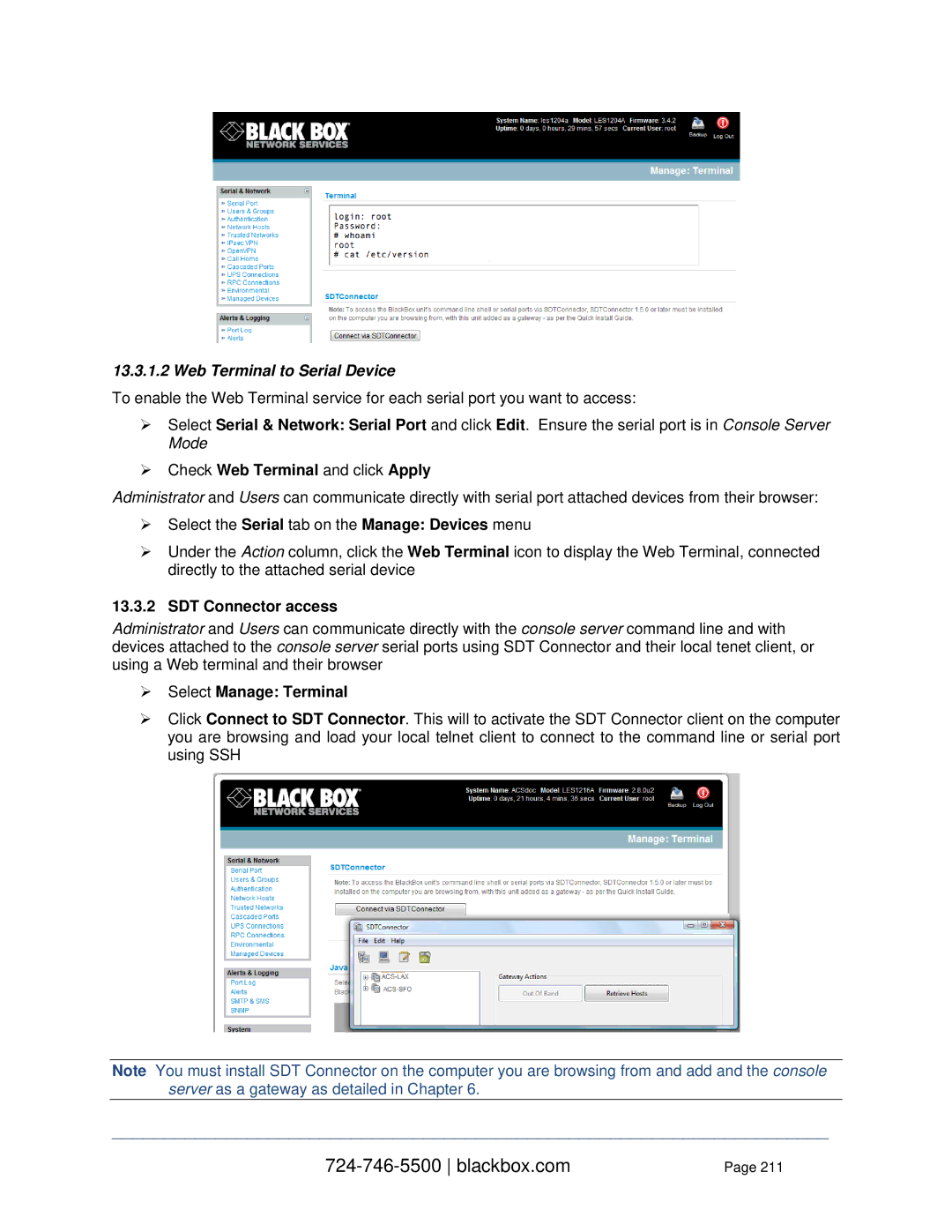 Black Box LES1308A, LES1332A, LES1408A  Check Web Terminal and click Apply, SDT Connector access,  Select Manage Terminal 