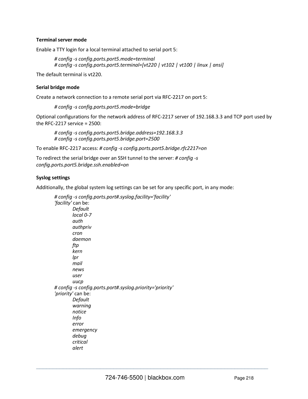 Black Box LES1132A, LES1332A, LES1408A Serial bridge mode, # config -s config.ports.port5.mode=bridge, Syslog settings 