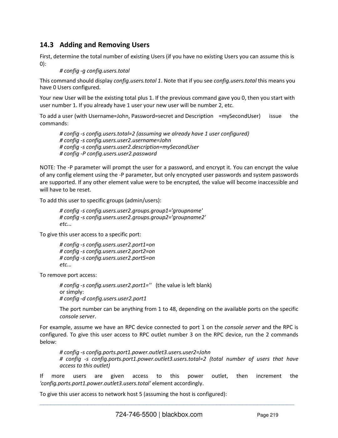 Black Box LES1216A-R2 Adding and Removing Users, # config -g config.users.total, # config -d config.users.user2.port1 