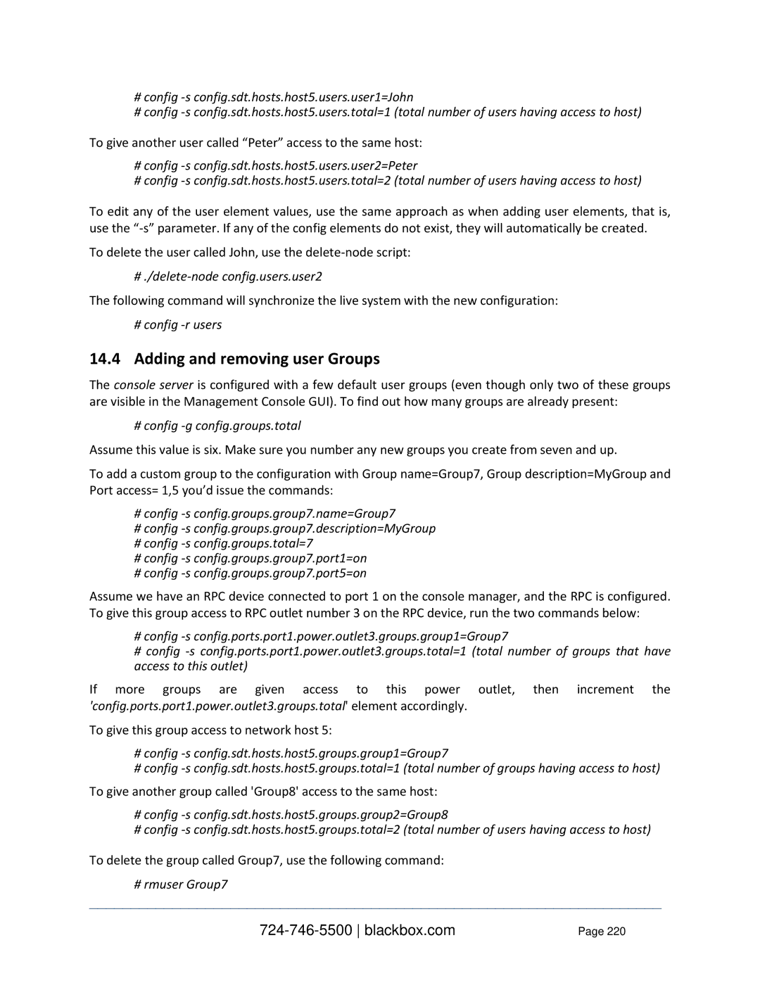 Black Box Value-Line and Advanced Console Servers Adding and removing user Groups, # ./delete-node config.users.user2 
