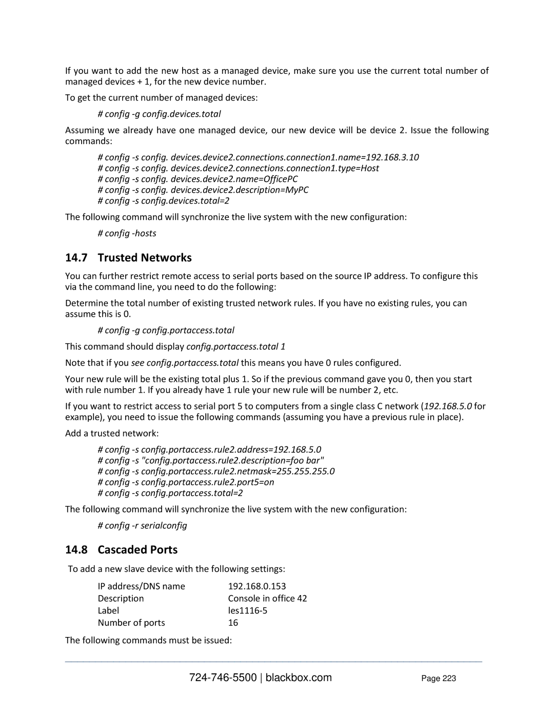 Black Box LES144BA Cascaded Ports, # config -g config.devices.total, # config -hosts, # config -g config.portaccess.total 