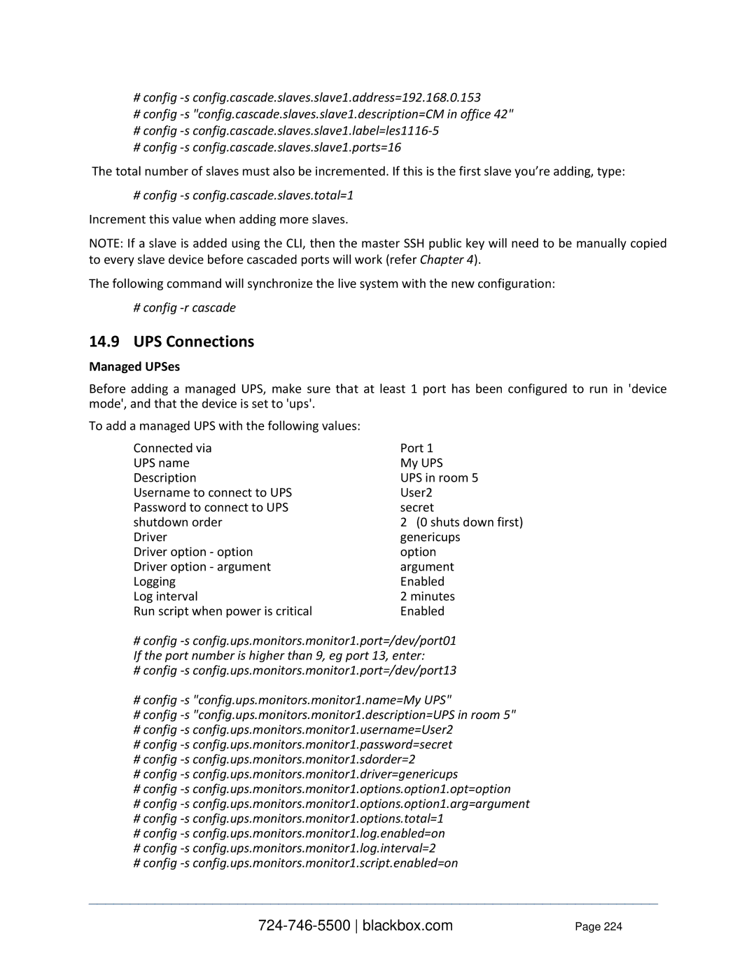 Black Box LES1416A, LES1332A, LES1408A, LES144BA, LES1348A, LES1432A UPS Connections, # config -r cascade, Managed UPSes 