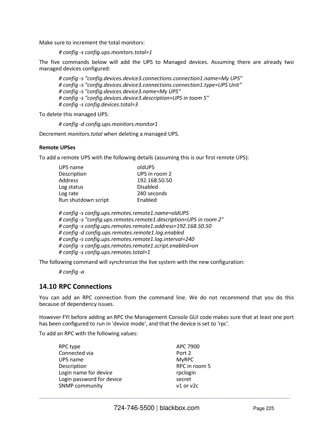 Black Box LES1348A, LES1332A, LES1408A, LES144BA RPC Connections, # config -s config.ups.monitors.total=1, Remote UPSes 