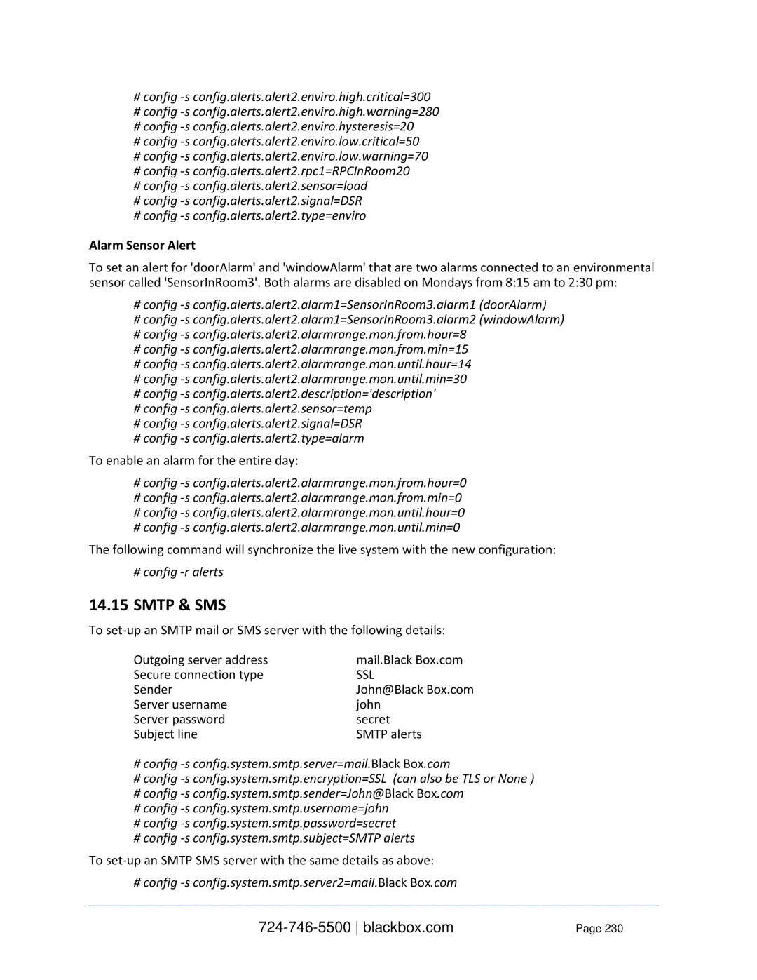 Black Box LES1208A-R2, LES1332A, LES1408A, LES144BA, LES1416A, LES1348A Smtp & SMS, Alarm Sensor Alert, # config -r alerts 