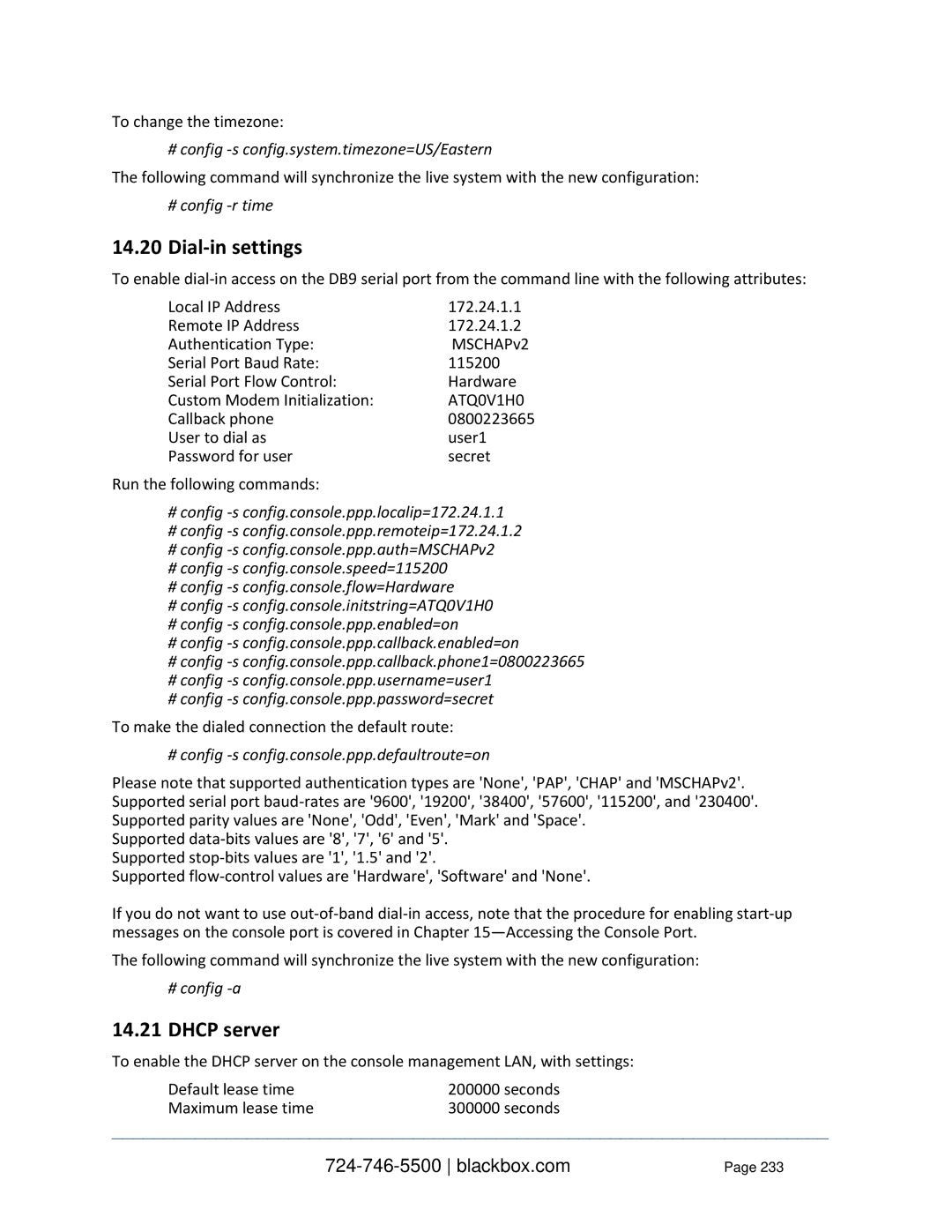 Black Box LES1248A-R2 Dial-in settings, Dhcp server, # config -s config.system.timezone=US/Eastern, # config -r time 