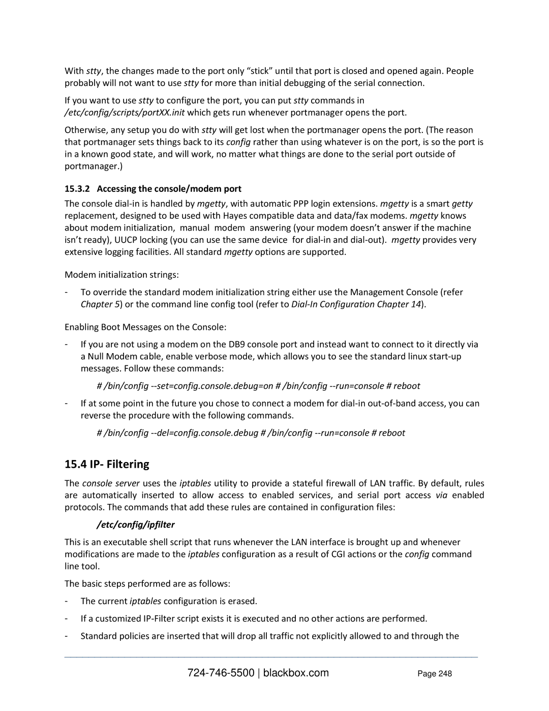 Black Box LES110BA, LES1332A, LES1408A, LES144BA IP- Filtering, Accessing the console/modem port, Etc/config/ipfilter 