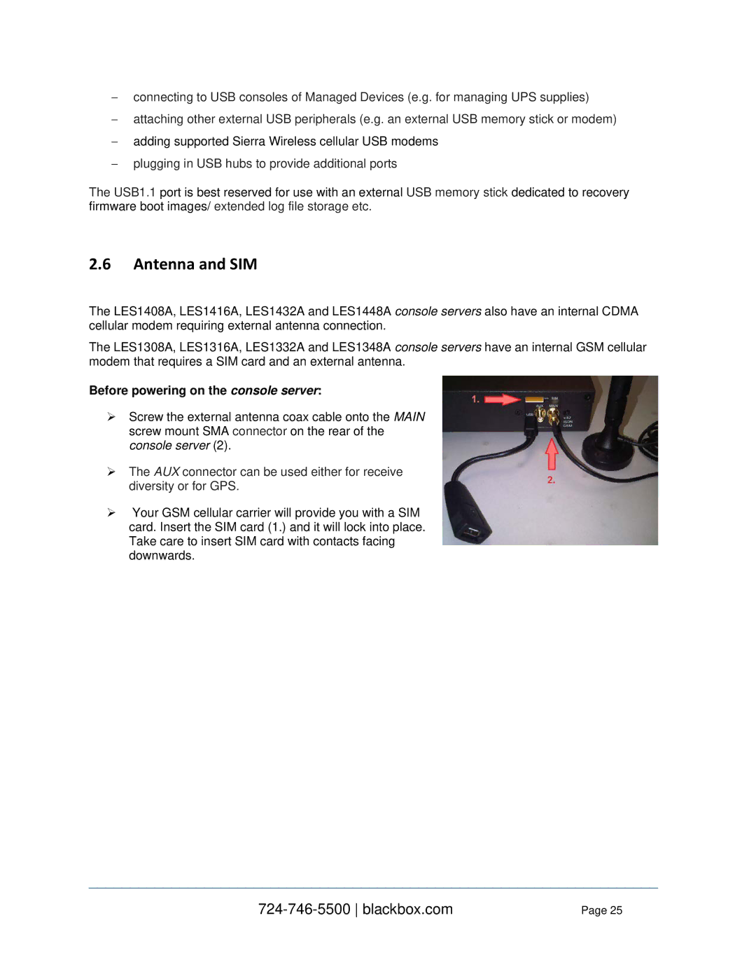 Black Box LES1232A, LES1332A, LES1408A, LES144BA, LES1416A, LES1348A Antenna and SIM, Before powering on the console server 