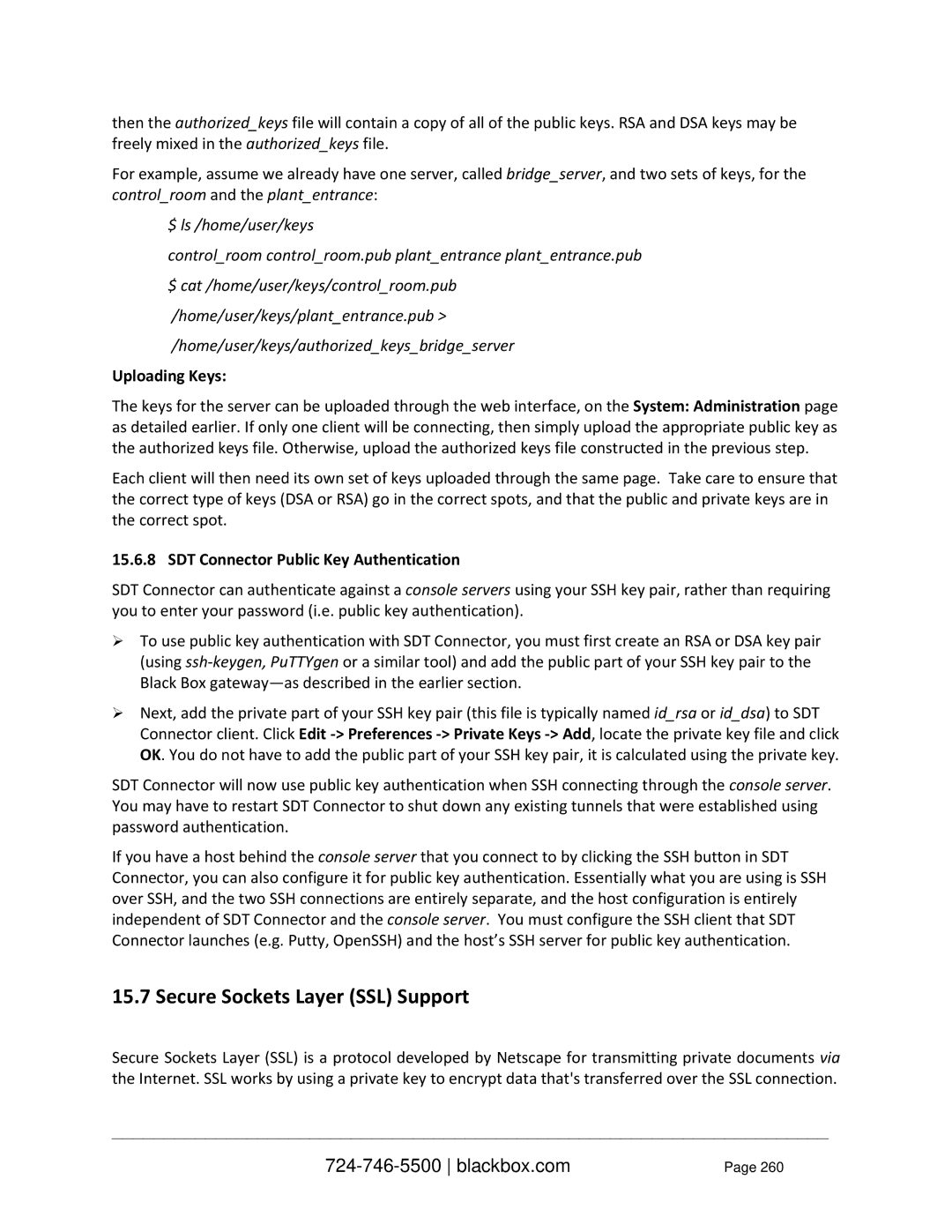 Black Box LES1432A, LES1332A, LES1408A, LES144BA Secure Sockets Layer SSL Support, $ ls /home/user/keys, Uploading Keys 