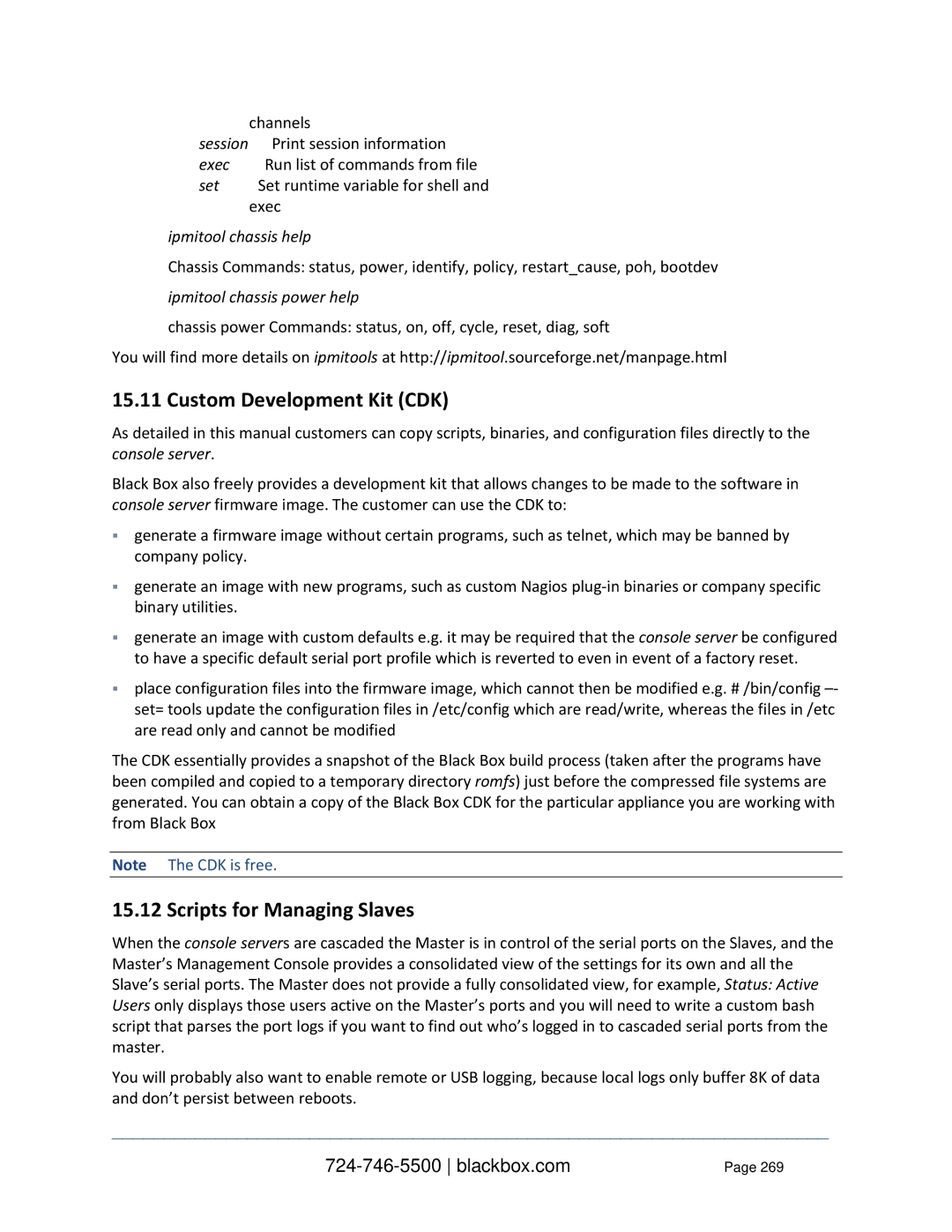 Black Box LES1132A, LES1332A, LES1408A Custom Development Kit CDK, Scripts for Managing Slaves, Ipmitool chassis help 