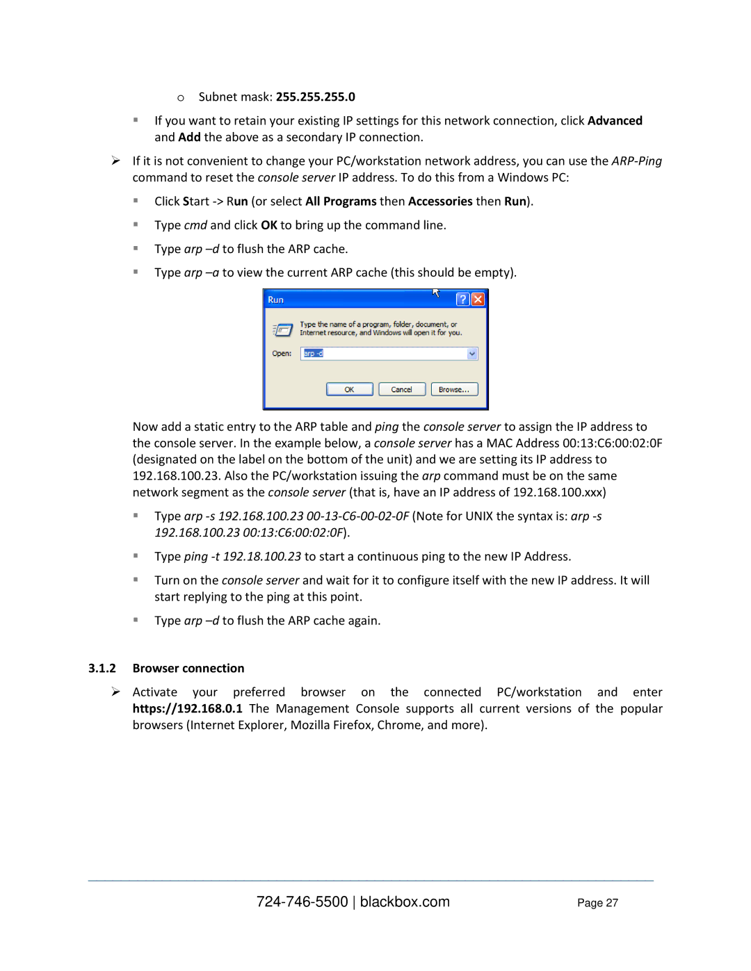 Black Box LES110BA, LES1332A, LES1408A, LES144BA, LES1416A, LES1348A, LES1432A, LES1316A, LES1308A, LES1232A Browser connection 