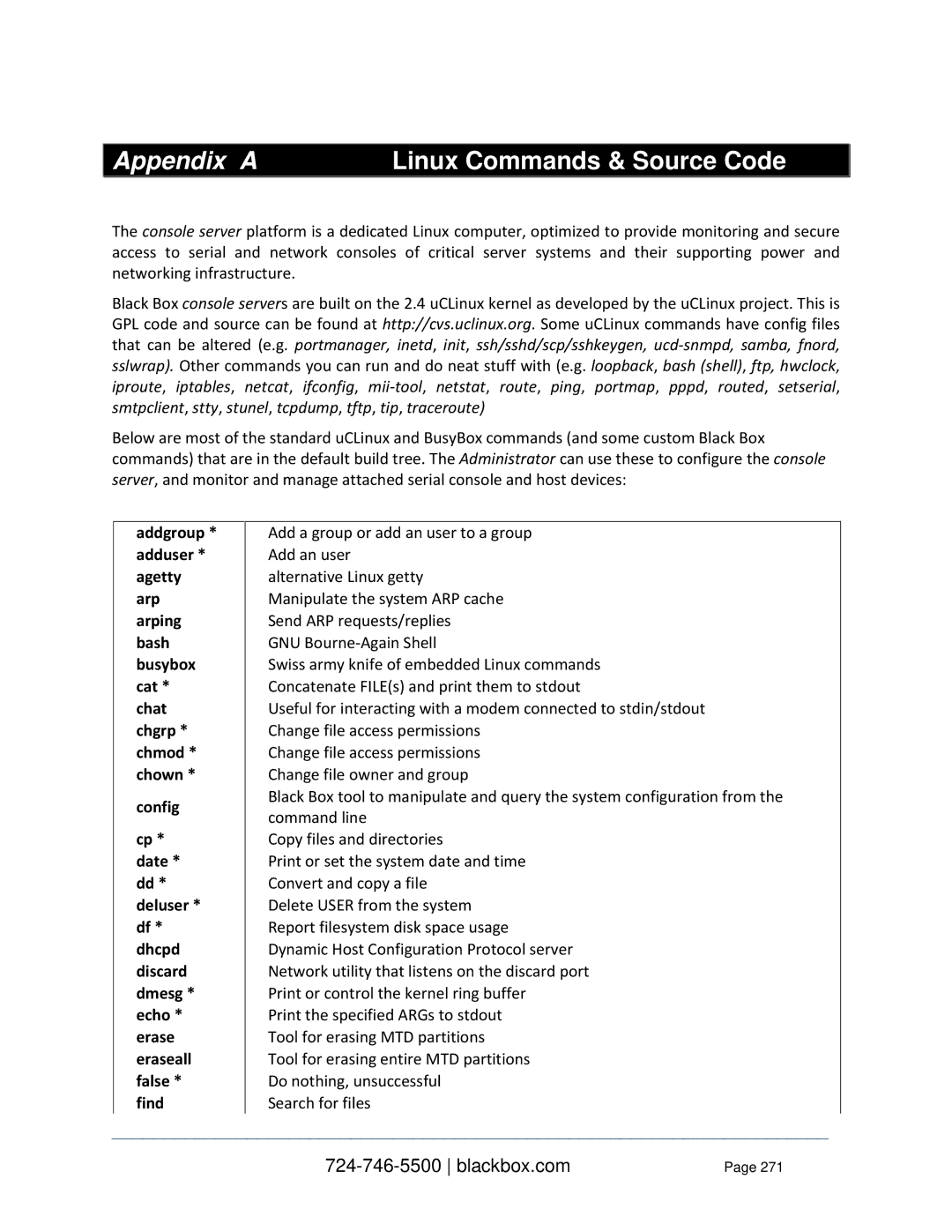 Black Box Value-Line and Advanced Console Servers, LES1332A, LES1408A, LES144BA Appendix a Linux Commands & Source Code 