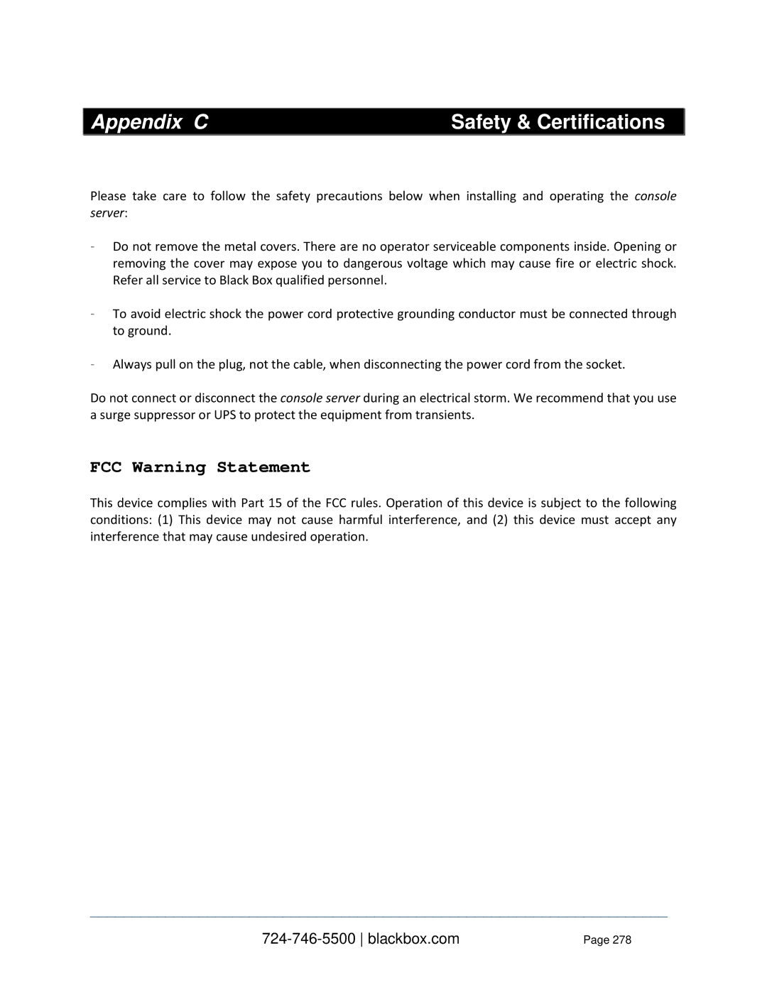 Black Box LES1316A, LES1332A, LES1408A, LES144BA, LES1416A, LES1348A Appendix C Safety & Certifications, FCC Warning Statement 