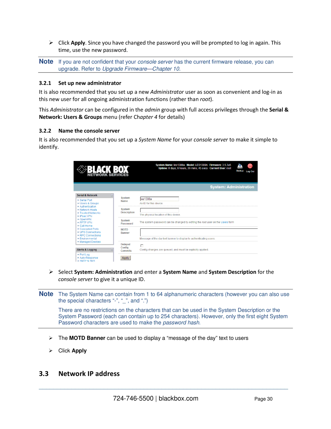 Black Box LES1116A, LES1332A, LES1408A, LES144BA Network IP address, Set up new administrator, Name the console server 