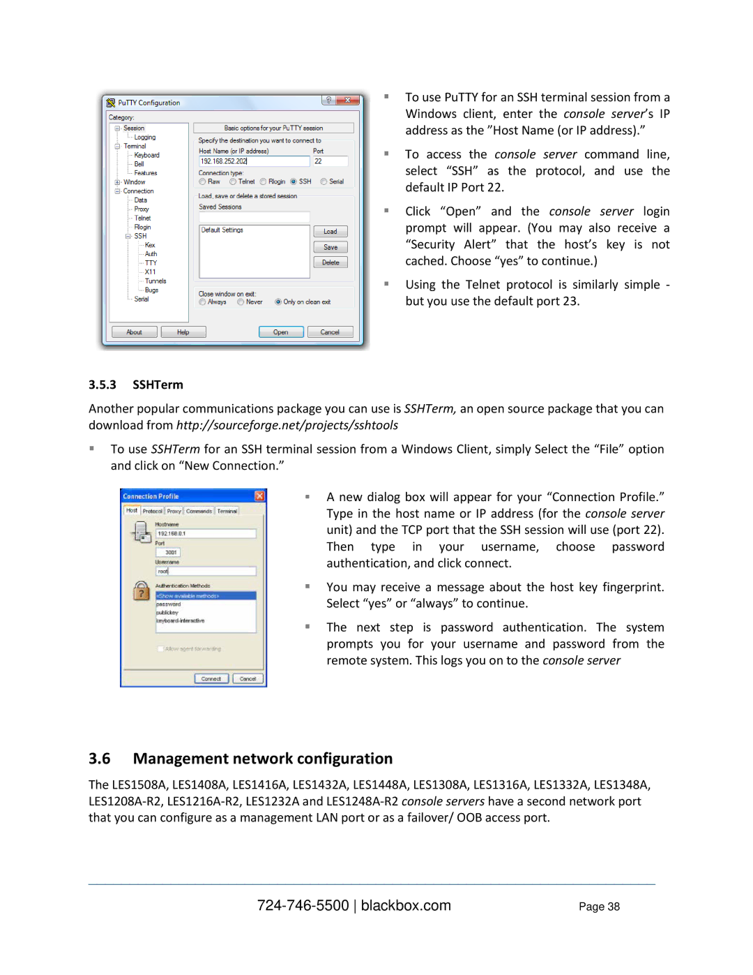 Black Box LES1348A, LES1332A, LES1408A, LES144BA, LES1416A, LES1432A, LES1316A Management network configuration, SSHTerm 