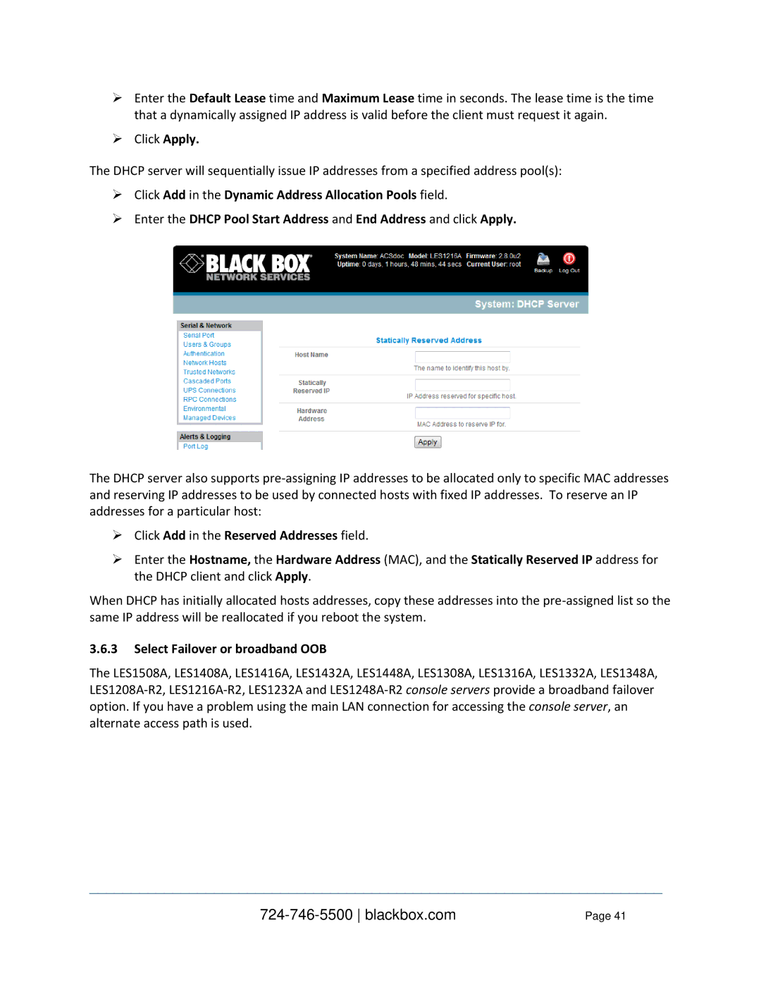 Black Box LES1308A, LES1332A, LES1408A, LES144BA, LES1416A, LES1348A, LES1432A, LES1316A Select Failover or broadband OOB 