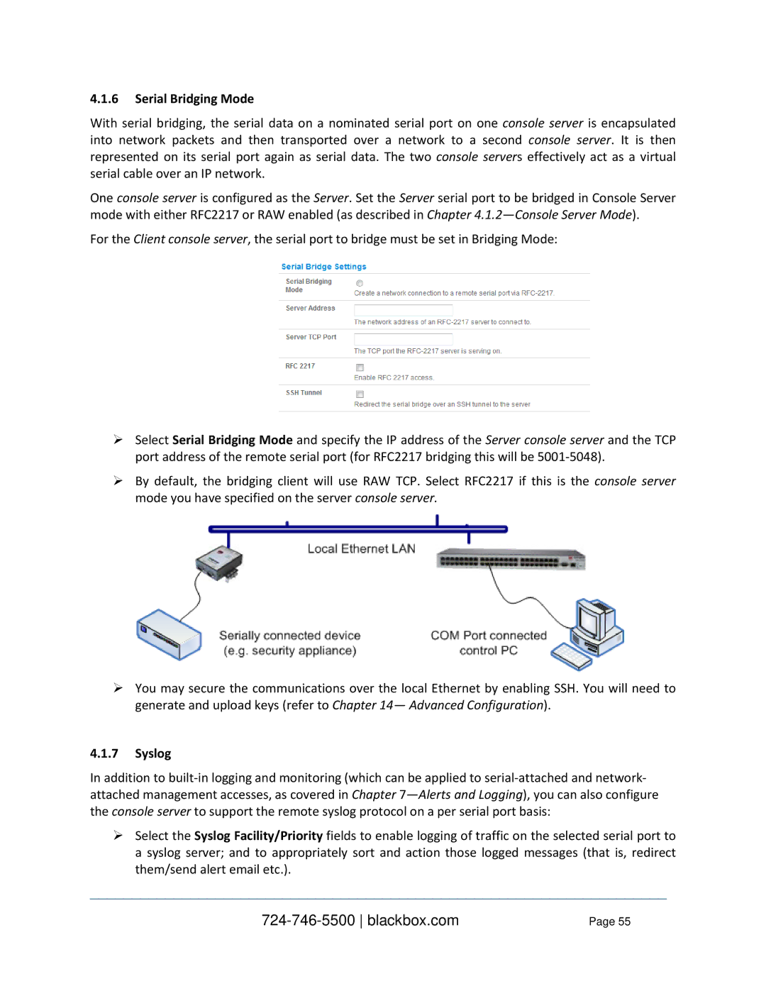 Black Box LES1348A, LES1332A, LES1408A, LES144BA, LES1416A, LES1432A, LES1316A, LES1308A, LES1232A Serial Bridging Mode, Syslog 