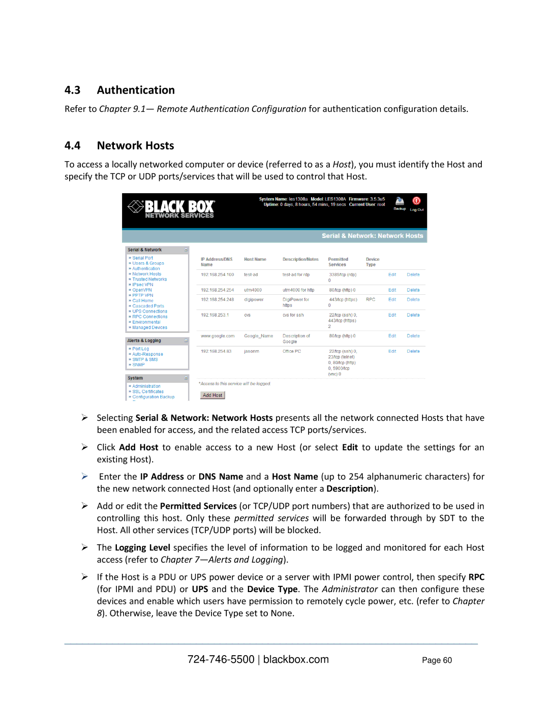 Black Box LES1208A-R2, LES1332A, LES1408A, LES144BA, LES1416A, LES1348A, LES1432A, LES1316A Authentication, Network Hosts 