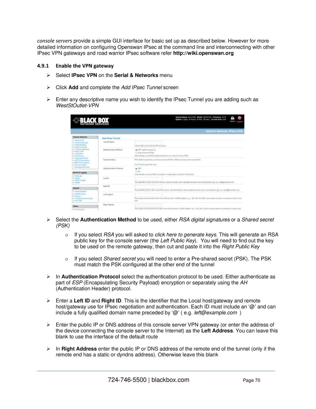 Black Box LES144BA, LES1332A, LES1408A, LES1416A Enable the VPN gateway,  Select IPsec VPN on the Serial & Networks menu 