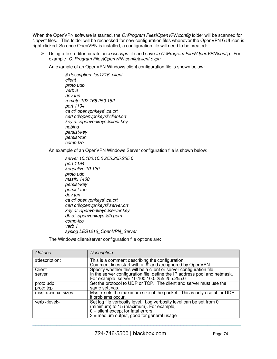 Black Box LES1316A, LES1332A, LES1408A, LES144BA, LES1416A, LES1348A Windows client/server configuration file options are 