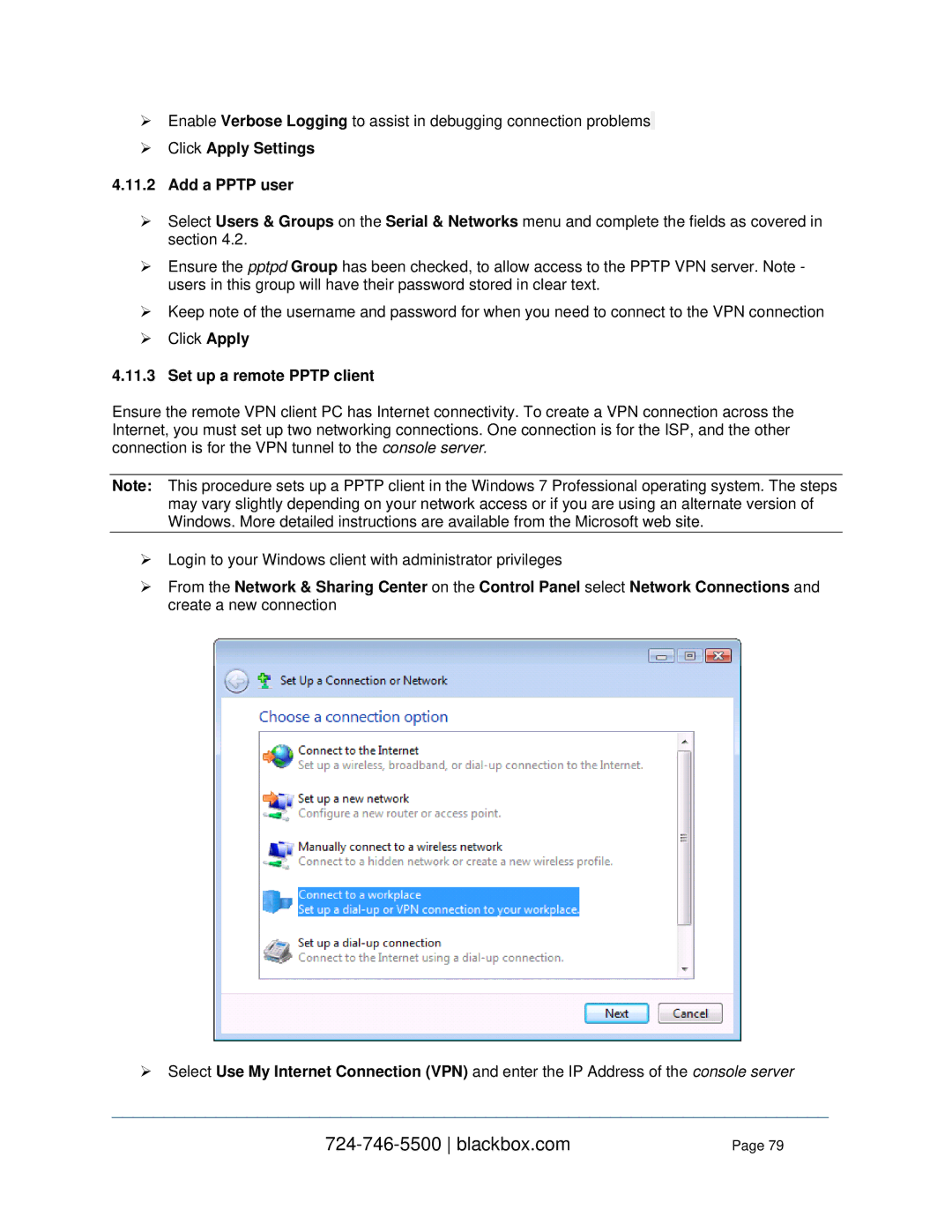 Black Box LES114BA, LES1332A, LES1408A, LES144BA  Click Apply Settings Add a Pptp user, Set up a remote Pptp client 