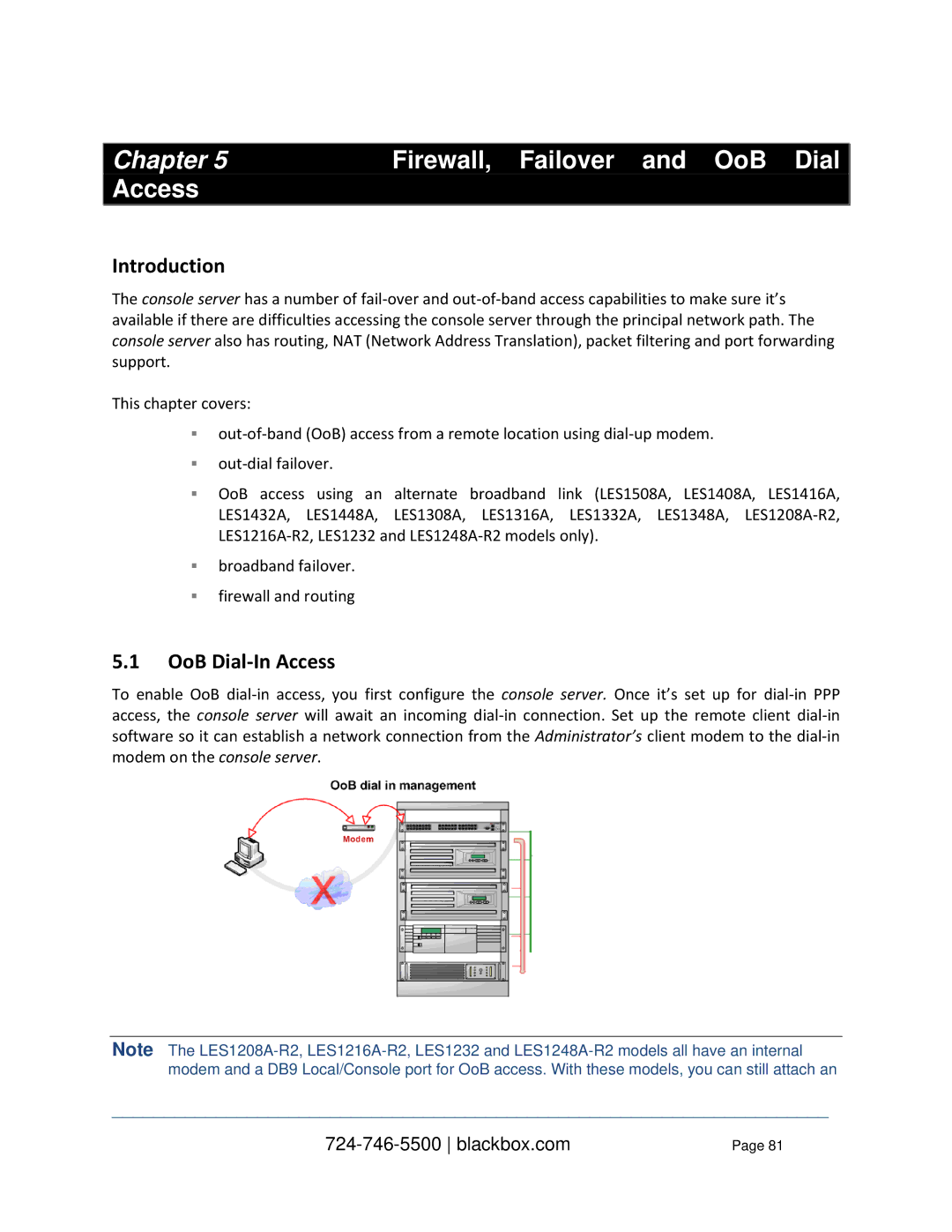 Black Box LES1116A, LES1332A, LES1408A, LES144BA, LES1416A Chapter Firewall, Failover and OoB Dial Access, OoB Dial-In Access 